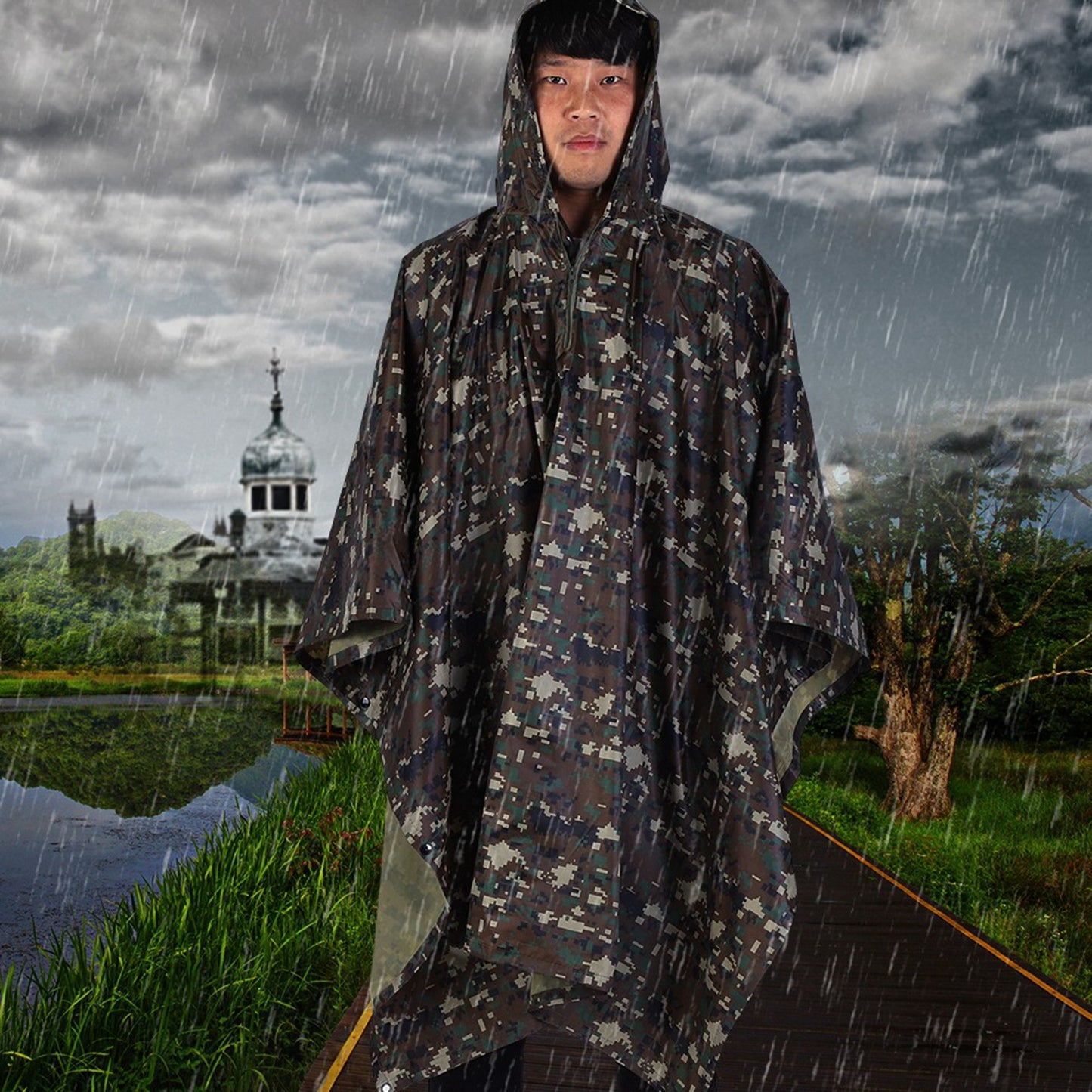 Military Waterproof Army Hooded Ripstop Rain Coat Poncho Camping Hiking Outdoor